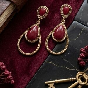 Elegant Gold-Tone Teardrop Earrings with Deep Red Stones - Women Jewelry